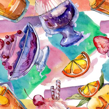 Sulu Boya stilinde lezzetli dondurma. Aquarelle şekerli tatlı şekilde ayarlayın. Sorunsuz arka plan deseni.