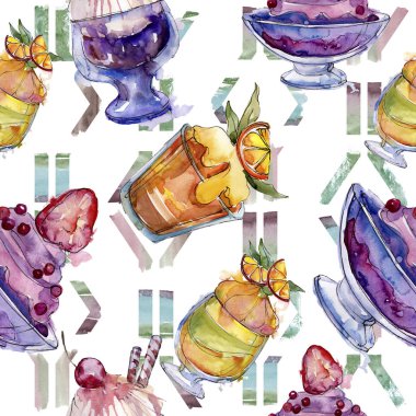 Sulu Boya stilinde lezzetli dondurma. Aquarelle şekerli tatlı şekilde ayarlayın. Sorunsuz arka plan deseni.