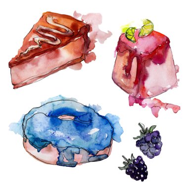 Suluboya tarzında lezzetli kek. Arka plan illüstrasyon seti. Suluboya çizim moda akuarelle izole.