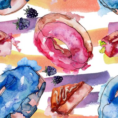 Suluboya tarzında lezzetli kek. Suluboya illüstrasyon seti. Kesintisiz arka plan deseni.