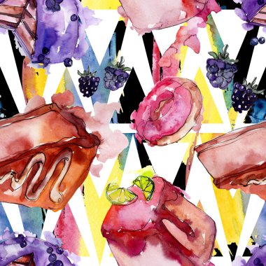 Suluboya tarzında lezzetli kek. Suluboya illüstrasyon seti. Kesintisiz arka plan deseni.