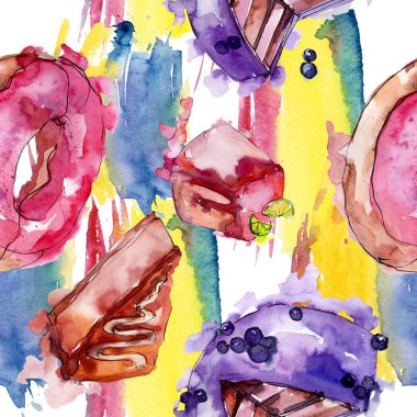 Suluboya tarzında lezzetli kek. Suluboya illüstrasyon seti. Kesintisiz arka plan deseni.