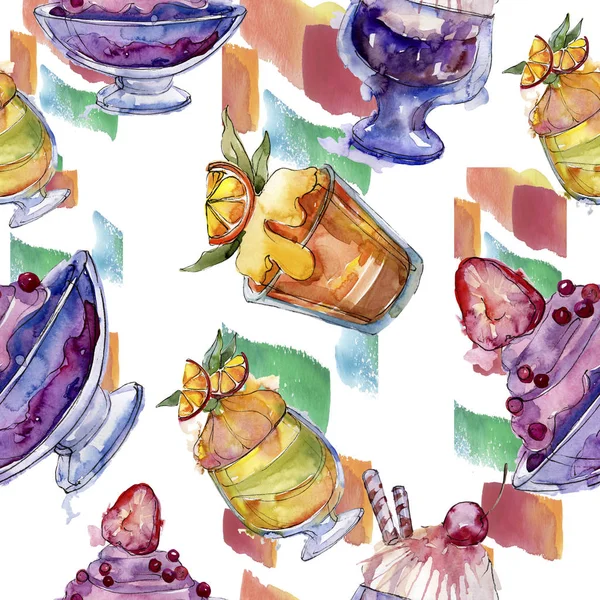 Smaczne lody w stylu przypominającym akwarele. Aquarelle słodki deser ilustracja zestaw. Bezszwowe tło wzór. — Zdjęcie stockowe