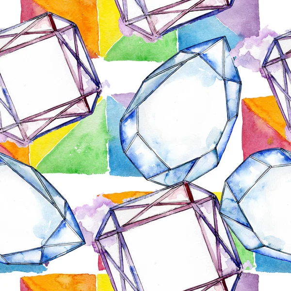 Colorful diamond rock jewelry minerals. Watercolor crystal stone background set. Seamless background pattern. — Stock Photo, Image