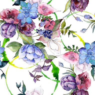 Buket çiçek botanik çiçekler. Suluboya arka plan illüstrasyon küme. Sorunsuz arka plan deseni.