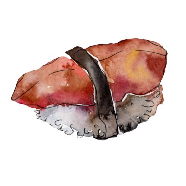 Güzel lezzetli Japon yemekleri illüstrasyon suluboya suşi kümesi. Beyaz arka plan üzerinde izole elle çizilmiş nesneleri.