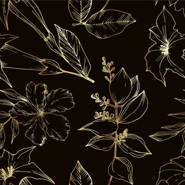 Vektör Tropikal çiçekler ve izole yaprakları. Siyah ve beyaz oyulmuş mürekkep sanatı. Kesintisiz arka plan deseni.