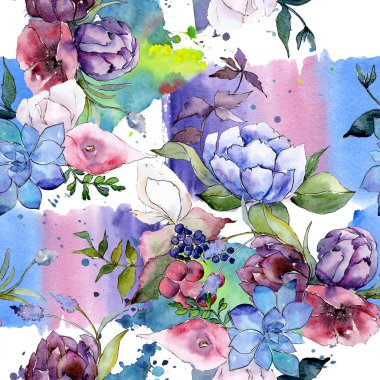 Buket çiçek botanik çiçekler. Suluboya arka plan illüstrasyon küme. Sorunsuz arka plan deseni.