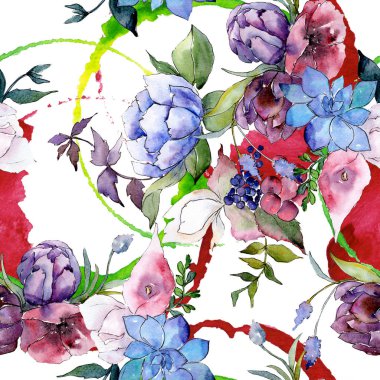 Buket çiçek botanik çiçekler. Suluboya arka plan illüstrasyon küme. Sorunsuz arka plan deseni.
