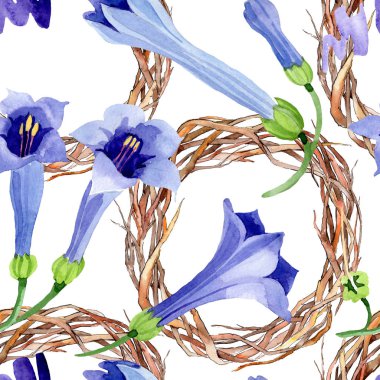 Mavi brugmansia çiçek botanik çiçekleri. Suluboya arka plan illüstrasyon seti. Kesintisiz arka plan deseni.
