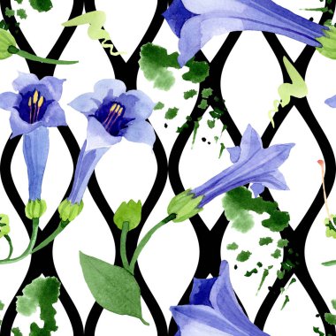 Mavi brugmansia çiçek botanik çiçekleri. Suluboya arka plan illüstrasyon seti. Kesintisiz arka plan deseni.