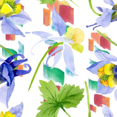 Mavi sarı brugmansia çiçek botanik çiçekler. Suluboya arka plan illüstrasyon seti. Kesintisiz arka plan deseni.