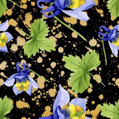 Mavi sarı brugmansia çiçek botanik çiçekler. Suluboya arka plan illüstrasyon seti. Kesintisiz arka plan deseni.