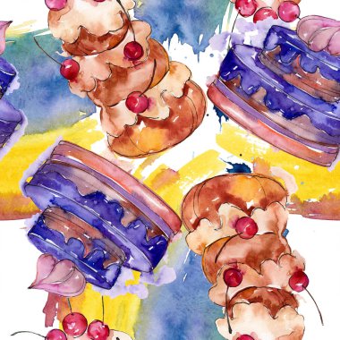 Suluboya tarzında lezzetli kek. Suluboya illüstrasyon seti. Kesintisiz arka plan deseni.