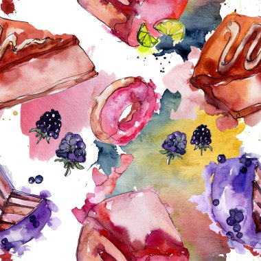 Suluboya tarzında lezzetli kek. Suluboya illüstrasyon seti. Kesintisiz arka plan deseni.