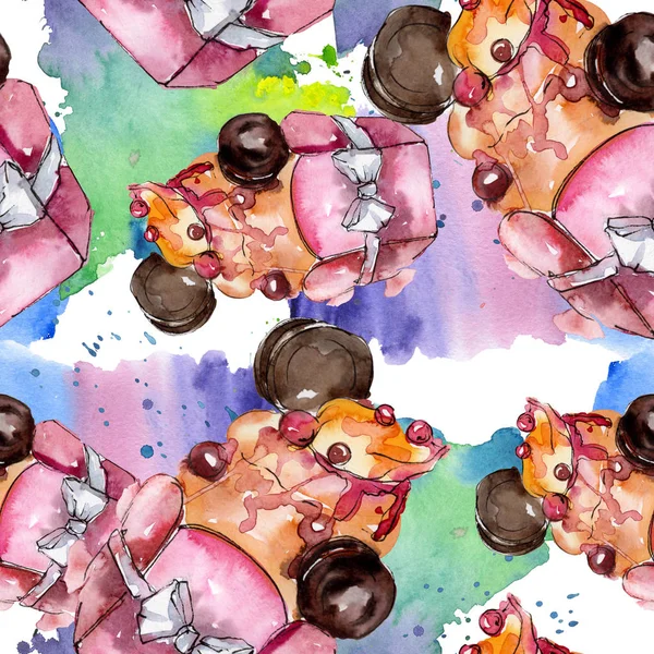 Tasty cake in a watercolor style. Watercolour illustration set. Seamless background pattern. — Stock Photo, Image