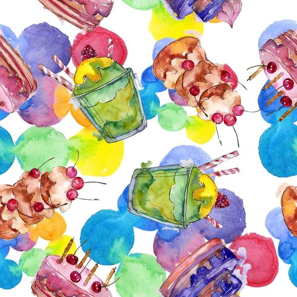 Tasty cake in a watercolor style. Watercolour illustration set. Seamless background pattern. — Stock Photo, Image