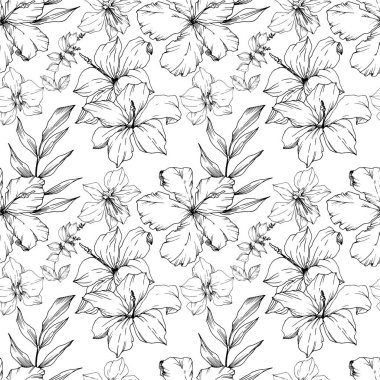 Vektör Tropikal çiçekler ve izole yaprakları. Siyah ve beyaz oyulmuş mürekkep sanatı. Kesintisiz arka plan deseni.