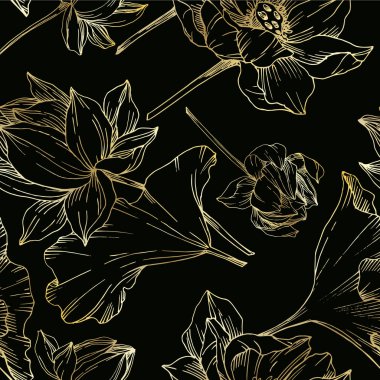 Vektör Lotus çiçek botanik çiçekler. Siyah ve beyaz oyulmuş mürekkep sanatı. Kesintisiz arka plan deseni.