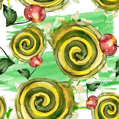 Suluboya tarzında lezzetli kek. Suluboya illüstrasyon seti. Kesintisiz arka plan deseni.