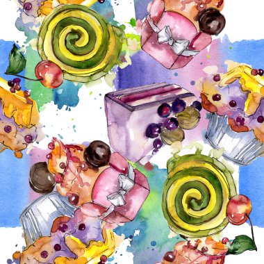 Suluboya tarzında lezzetli kek. Suluboya illüstrasyon seti. Kesintisiz arka plan deseni.