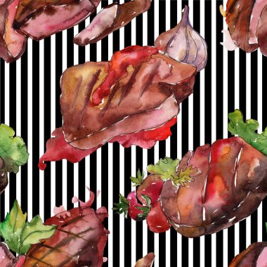 Izgara biftek lezzetli yemek. Suluboya arka plan illüstrasyon seti. Kesintisiz arka plan deseni.