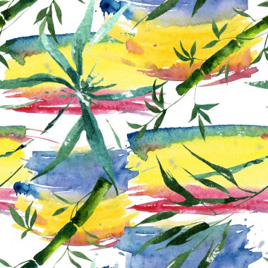 Bambu yeşil yaprakları ve sapları. Suluboya arka plan illüstrasyon seti. Kesintisiz arka plan deseni.