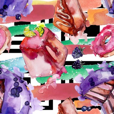 Suluboya tarzında lezzetli kek. Suluboya illüstrasyon seti. Kesintisiz arka plan deseni.