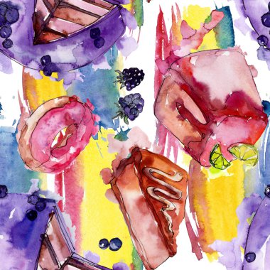 Suluboya tarzında lezzetli kek. Suluboya illüstrasyon seti. Kesintisiz arka plan deseni.