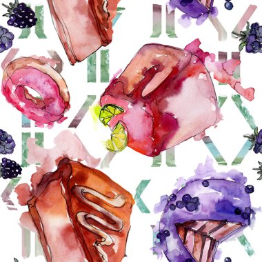 Suluboya tarzında lezzetli kek. Suluboya illüstrasyon seti. Kesintisiz arka plan deseni.