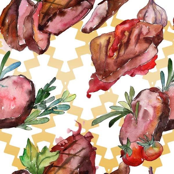 Grilled steak tasty food. Watercolor background illustration set. Seamless background pattern. — Stock Photo, Image