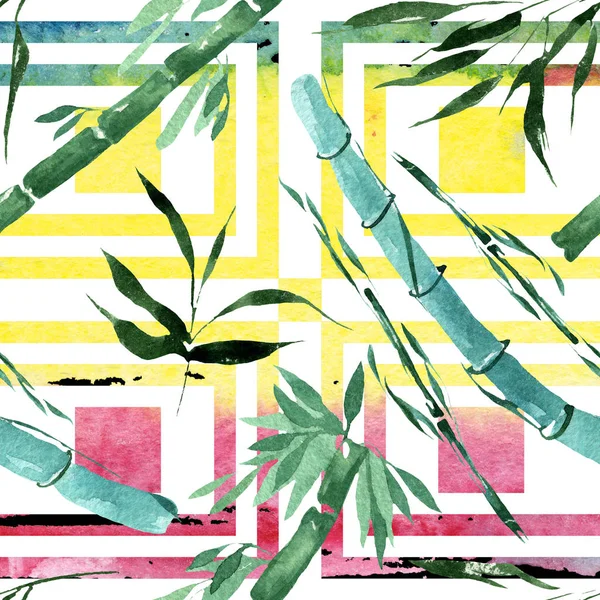 Bambusové zelené listy a stopky. Vodný obrázek pozadí-barevný. Bezespání vzorek pozadí. — Stock fotografie