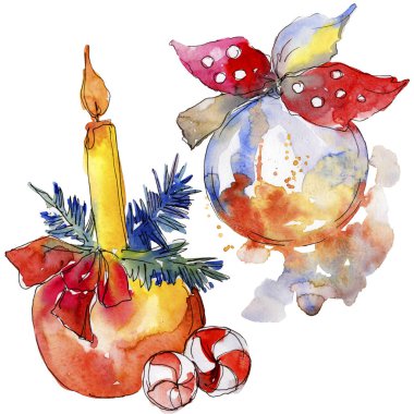 Noel kış tatili sembolü izole. Suluboya arka plan seti. Yalıtılmış noel illüstrasyon öğesi.