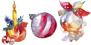 Noel kış tatili sembolü izole. Suluboya arka plan seti. Yalıtılmış noel illüstrasyon öğesi.