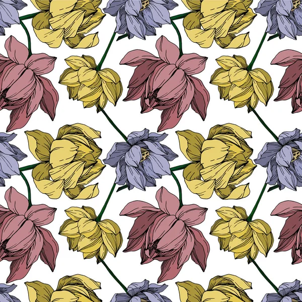 Vektor Lotus Blumen botanischen Blumen. Schwarz-weiß gestochene Tuschekunst. nahtloses Hintergrundmuster. — Stockvektor