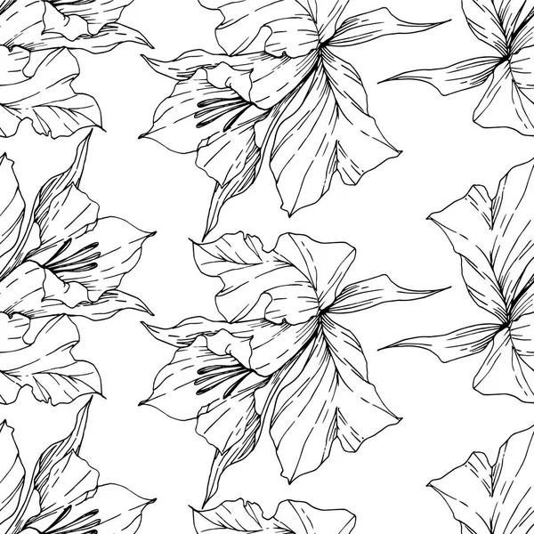 Vector Flores tropicales y hojas aisladas. Tinta grabada en blanco y negro. Patrón de fondo sin costuras . — Vector de stock