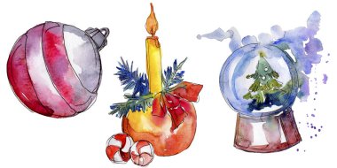 Noel kış tatili sembolü izole. Suluboya arka plan seti. Yalıtılmış noel illüstrasyon öğesi.