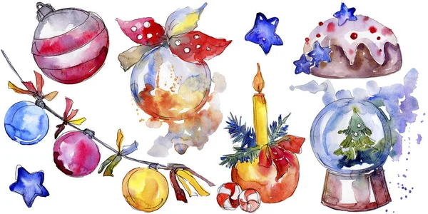 Noel kış tatili sembolü izole. Suluboya arka plan seti. Yalıtılmış noel illüstrasyon öğesi.