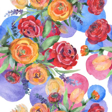 Buket çiçek botanik çiçekler. Suluboya arka plan illüstrasyon küme. Sorunsuz arka plan deseni.