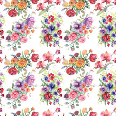 Buket çiçek botanik çiçekler. Suluboya arka plan illüstrasyon küme. Sorunsuz arka plan deseni.