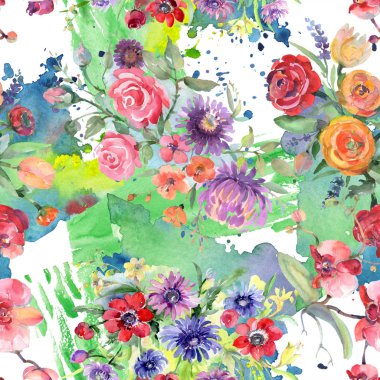 Buket çiçek botanik çiçekler. Suluboya arka plan illüstrasyon küme. Sorunsuz arka plan deseni.