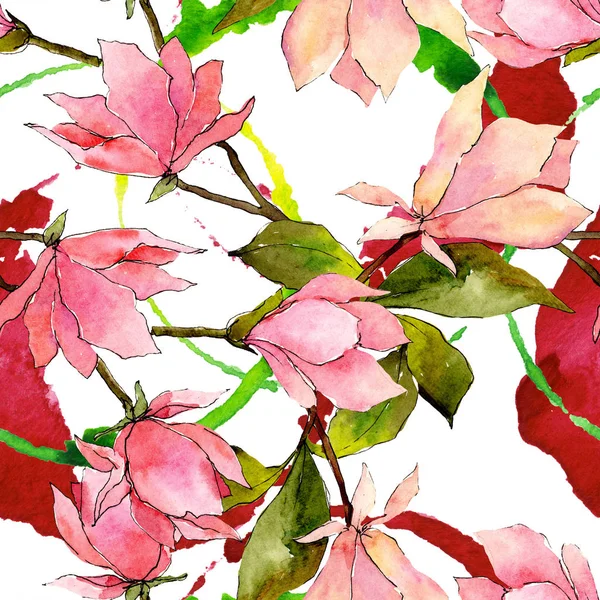 Рожеві магнолії квіткові ботанічні квіти. Набір ілюстрацій для акварельного фону. Безшовний візерунок тла . — стокове фото