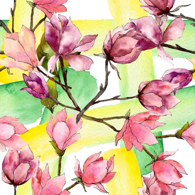 Pembe manolya çiçek botanik çiçekler. Suluboya arka plan illüstrasyon seti. Kesintisiz arka plan deseni.