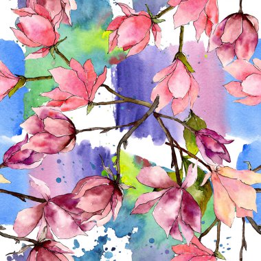 Pembe manolya çiçek botanik çiçekler. Suluboya arka plan illüstrasyon seti. Kesintisiz arka plan deseni.