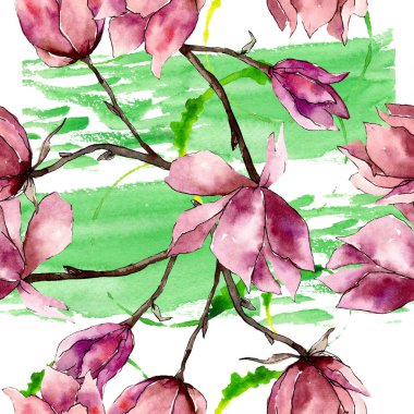 Pembe manolya çiçek botanik çiçekler. Suluboya arka plan illüstrasyon seti. Kesintisiz arka plan deseni.