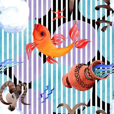 Burç burcu, astroloji sembolü. Suluboya illüstrasyon seti. Kesintisiz arka plan deseni.