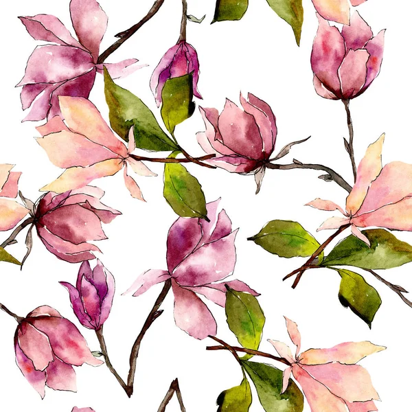 Fiori botanici floreali di magnolia rosa. Acquerello sfondo illustrazione set. Modello di sfondo senza soluzione di continuità . — Foto Stock