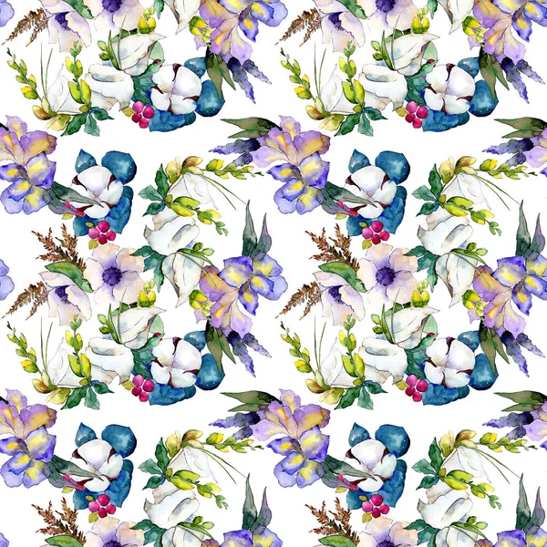 Buket çiçek botanik çiçekler. Suluboya arka plan illüstrasyon küme. Sorunsuz arka plan deseni.