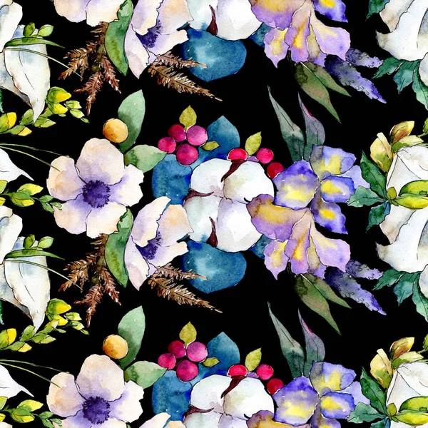 Buket çiçek botanik çiçekler. Suluboya arka plan illüstrasyon küme. Sorunsuz arka plan deseni.