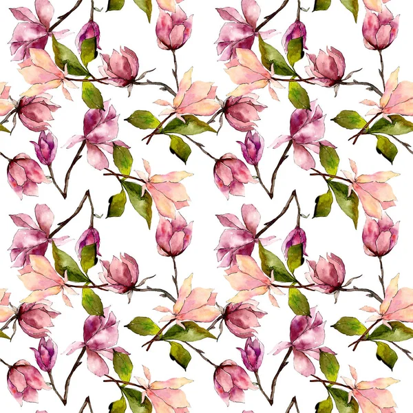 Rosafarbene Magnolie mit botanischen Blüten. Aquarell Hintergrundillustration Set. nahtloses Hintergrundmuster. — Stockfoto